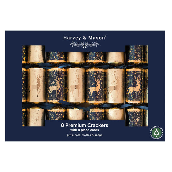 Gold and navy blue Harvey and Mason box of crackers with a reindeer design on a white background.