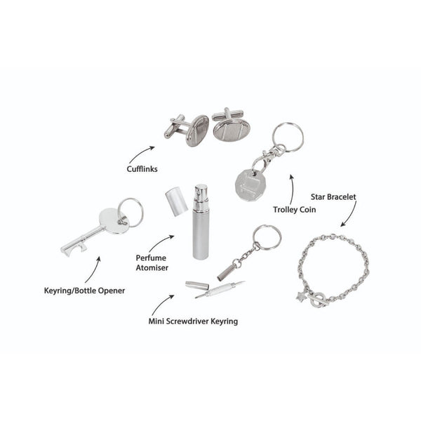 Cuufflink , bracelet, keyring, bottle opener, perfume atomiser and mini screwdriver keyring on a white background.