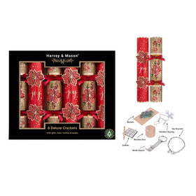 Harvey & Mason Christmas gift set containing 6 deluxe crackers with jellies, fats, marzipan and sweets, alongside a gift box and an inset showing included silver jewelry items.