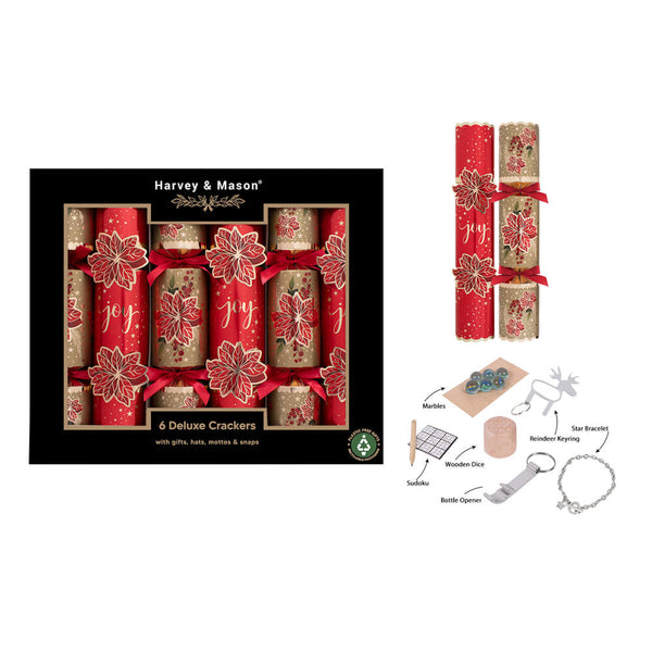 Harvey & Mason Christmas gift set containing 6 deluxe crackers with jellies, fats, marzipan and sweets, alongside a gift box and an inset showing included silver jewelry items.