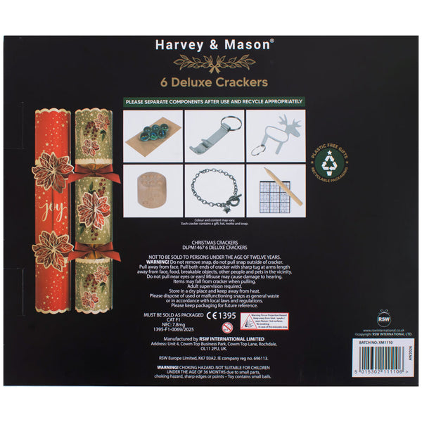 Back of a Harvey & Mason 6 Deluxe Crackers gift set in black packaging, showing the three decorated cracker rolls with red ribbon and holiday floral designs, plus small product component photos and usage instructions.