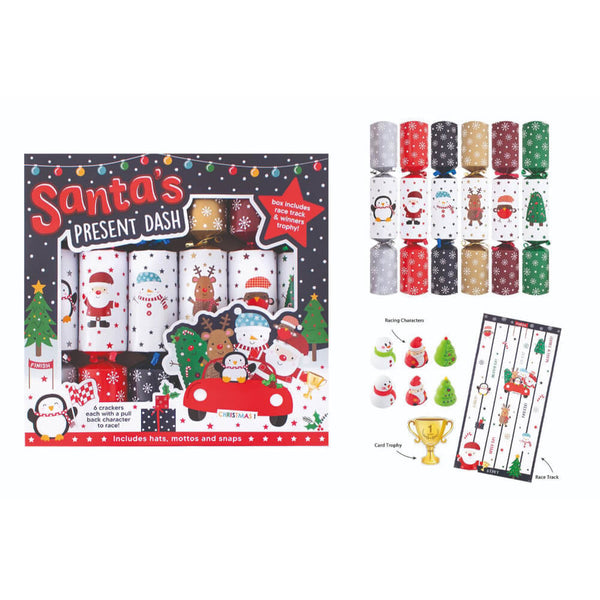 Box of christmas crackers and individual crackers with contents on a white background.