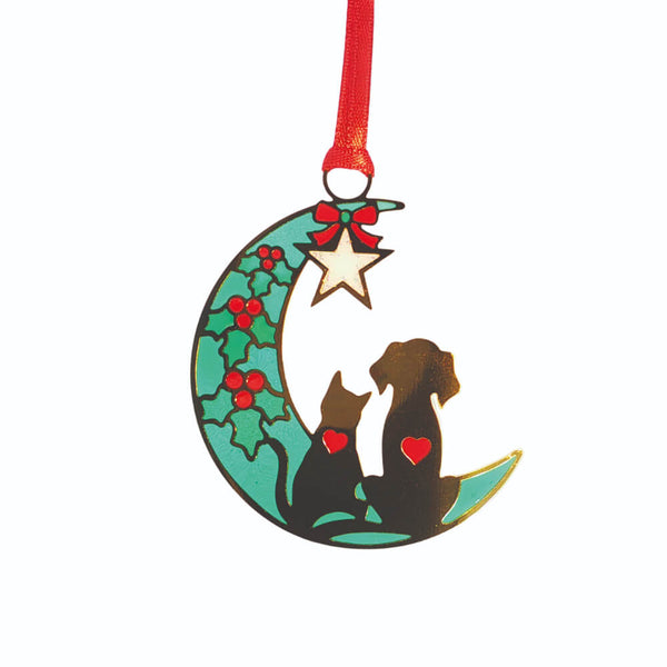 Green and red crescent shape with a cat and dog feature on a white background.