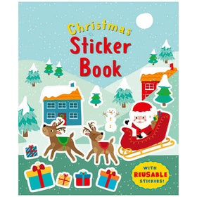 Christmas sticker book with santa on a sleigh with reindeers. Festive boxes, trees and houses on a blue and white background.