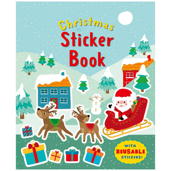 Christmas sticker book with santa on a sleigh with reindeers. Festive boxes, trees and houses on a blue and white background.