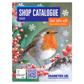Shop catalogue cover with a robin and berries, featuring Diabetes UK branding.