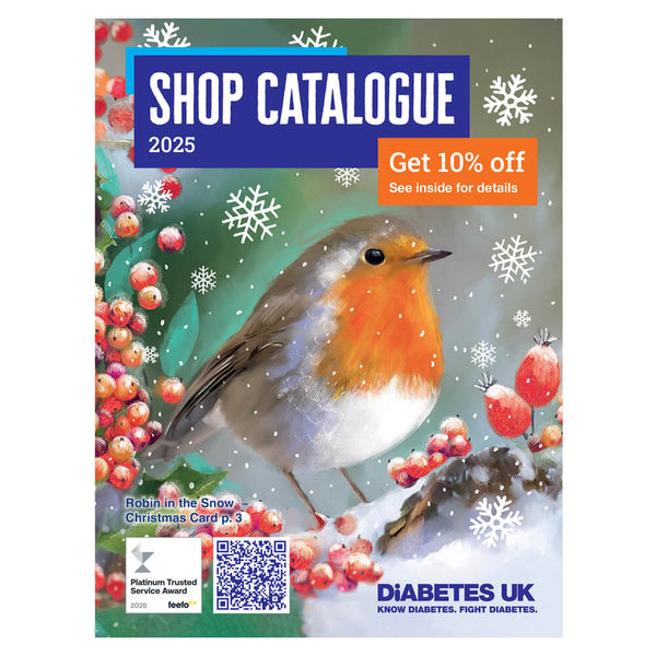 Shop catalogue cover with a robin and berries, featuring Diabetes UK branding.