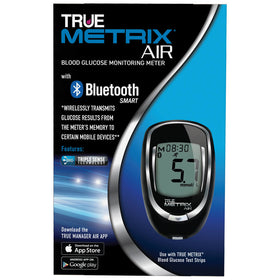 True Metrix Air blood glucose monitoring meter packaging with Bluetooth feature on a blue and black background.