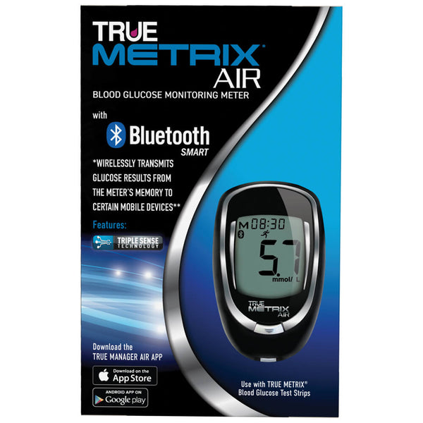 True Metrix Air blood glucose monitoring meter packaging with Bluetooth feature on a blue and black background.