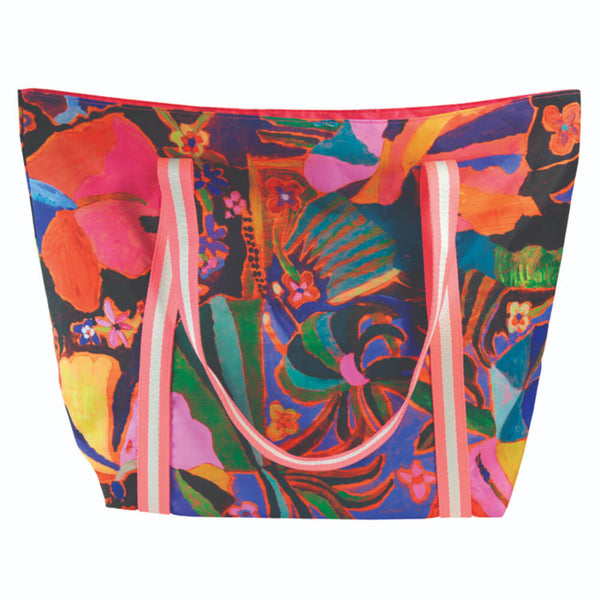 Colorful tote bag with abstract floral pattern on a white background