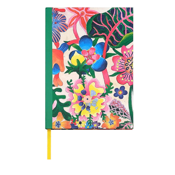 Notebook with colorful floral and leaf pattern on a white background