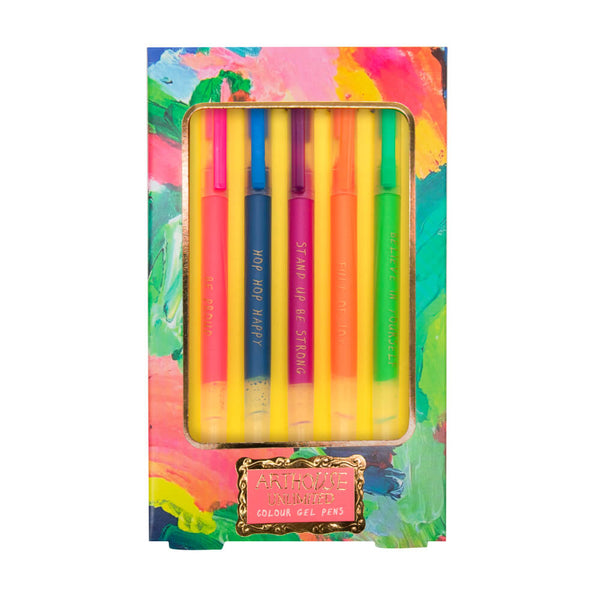 Set of colorful gel pens in a decorative box with a painterly design