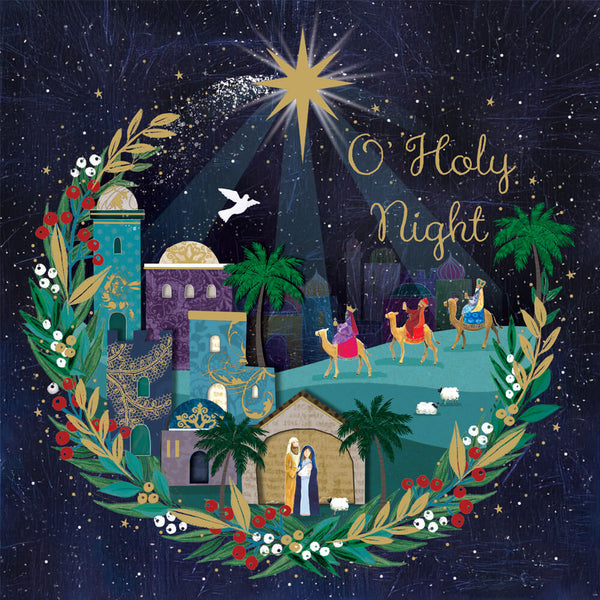 Christmas card featuring a nativity scene in Bethlehem with the Star of Bethlehem and gold foil details.