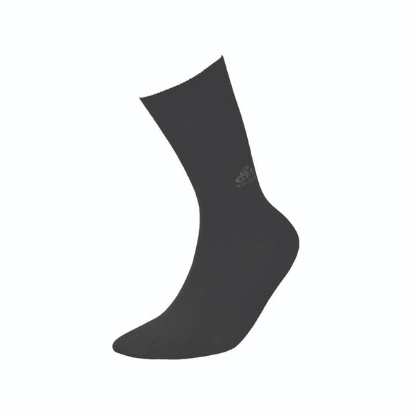 Black sock with a brand logo on a white background