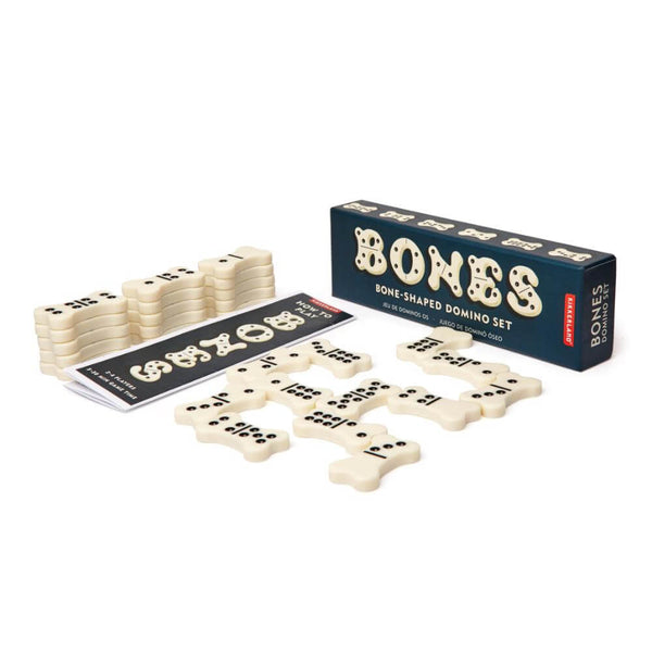 Box with bone shaped domino set text and domino pieces on a white background.