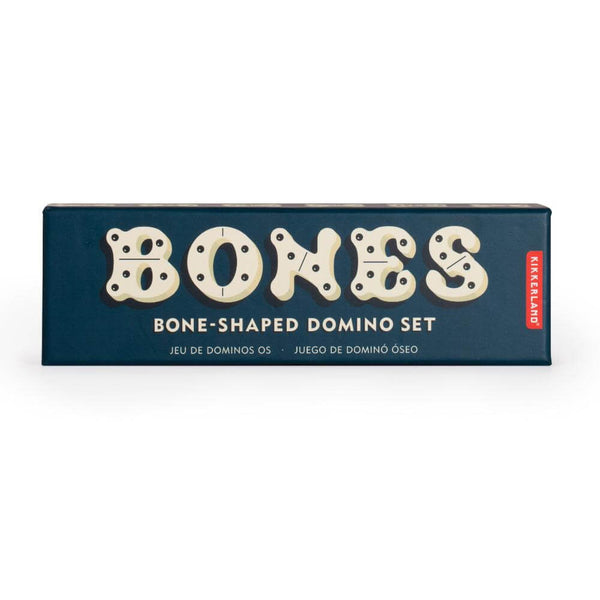 Blue box with the wording Bones and Bone-Shaped Domino Set on a white background.
