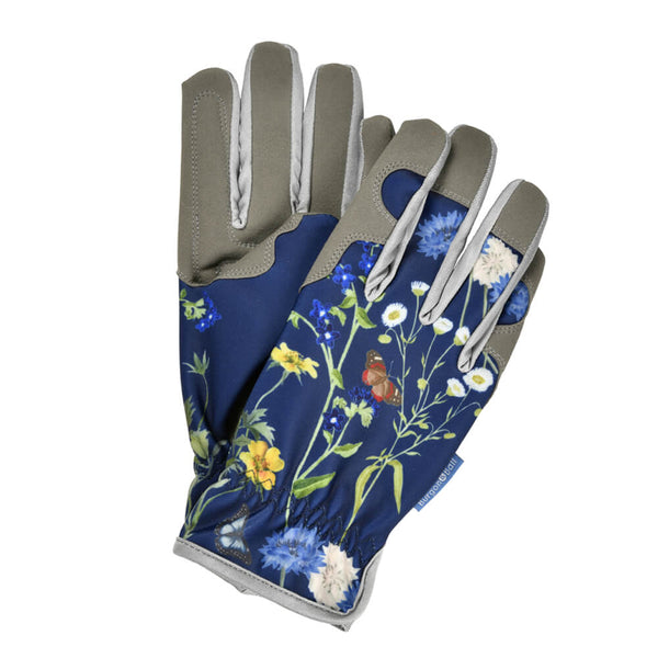 A pair of gardening gloves featuring a floral pattern with colors predominantly in blue, white, and green, designed with a gray PU/polyester palm.