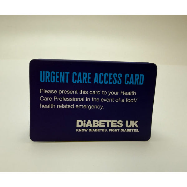 Urgent care access card for Diabetes UK on a beige background