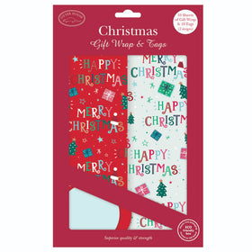 Packaging for Christmas themed wrapping paper and tags, featuring 'Merry Christmas' and 'Happy Christmas' text with festive designs including presents and Christmas trees.