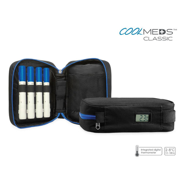 CoolMeds Classic Medication Travel Case for diabetes, shown open with four insulin pens secured inside and closed with digital thermometer on the outside.