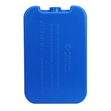 A blue CoolMeds cold pack designed for medical use, with product information and branding printed on the surface.