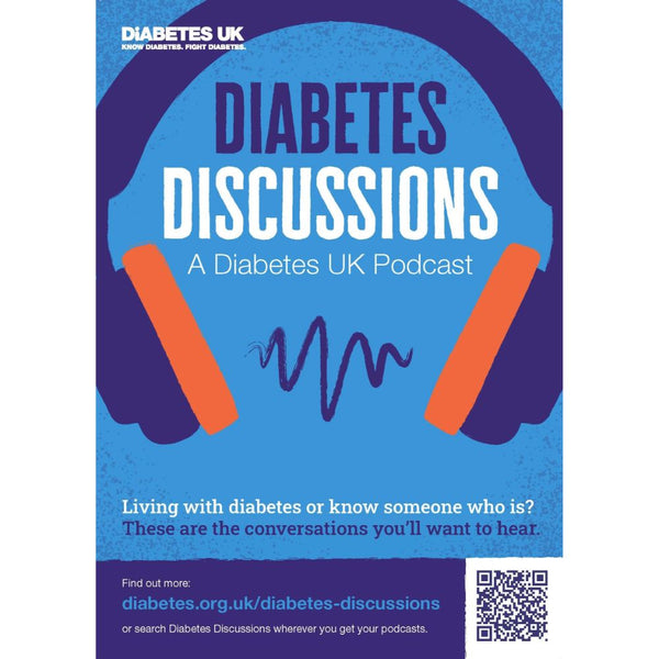 Promotional poster for 'Diabetes Discussions', a Diabetes UK podcast, featuring headphones and graphic elements representing audio and diabetes themes.