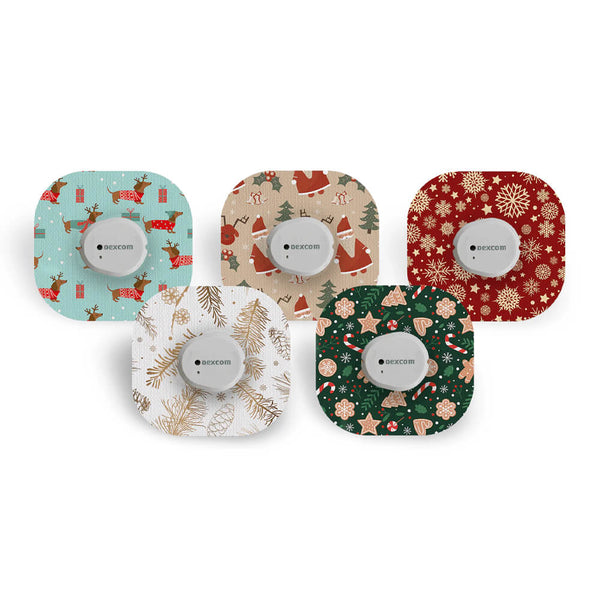 Festive Dexcom G7/One+ CGM patches (5 pack) featuring Christmas-themed designs to protect and personalise your device. Available from the Diabetes UK Online Shop.