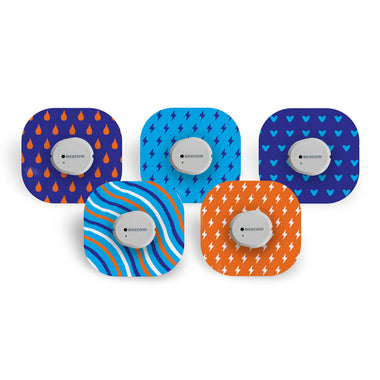 Five medical patches with colorful patterns on a white background