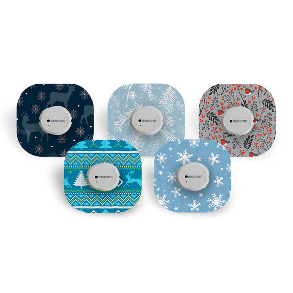 Winter-themed Dexcom G7 CGM patches (5 pack) designed to protect continuous glucose monitors with festive illustrations. Available from the Diabetes UK Online Shop.