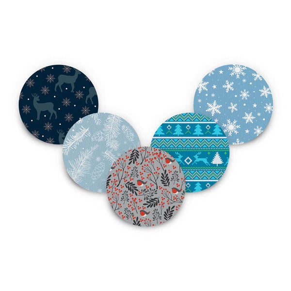 Winter-themed generic CGM overpatches (5 pack) designed to protect continuous glucose monitors with festive illustrations. Available from the Diabetes UK Online Shop.