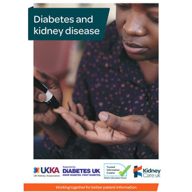 Diabetes and Kidney disease wording with person testing their glucose levels