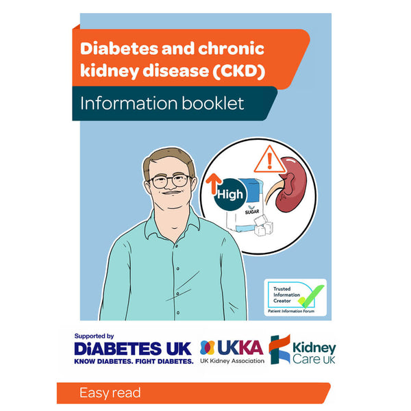 Booklet cover on a blue and orange background with Diabetes and Chronic Kidney disease Diabetes UK and Kidney Care wording