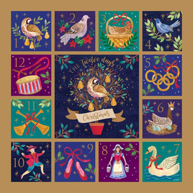 Christmas Cards 2025 of the 12 Days of Christmas with the loved rhyme including A Partridge in a Pear Tree, Five Gold Rings.