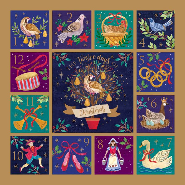 Christmas Cards 2025 of the 12 Days of Christmas with the loved rhyme including A Partridge in a Pear Tree, Five Gold Rings.