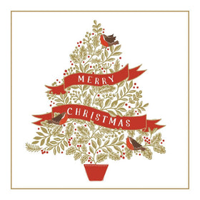 Delightful Christmas Card of a Christmas Tree of embossed goil foil, three robins and a red wrap with the wording Merry Christmas.