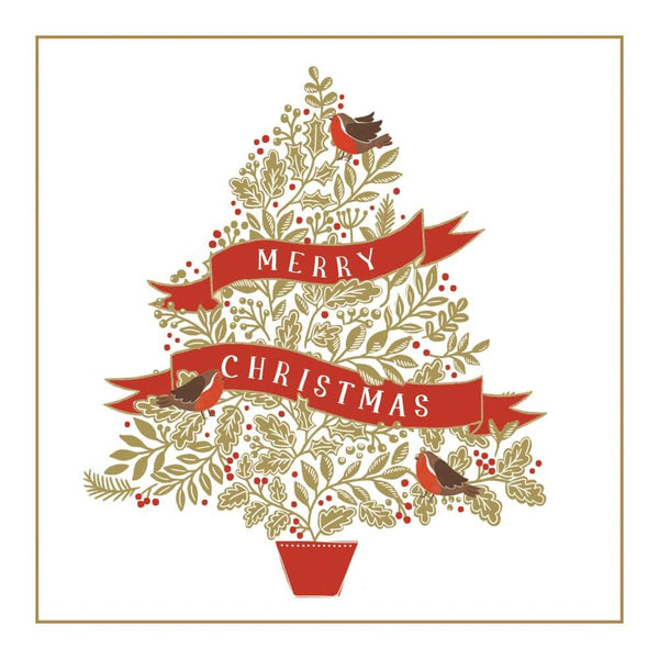 Delightful Christmas Card of a Christmas Tree of embossed goil foil, three robins and a red wrap with the wording Merry Christmas.