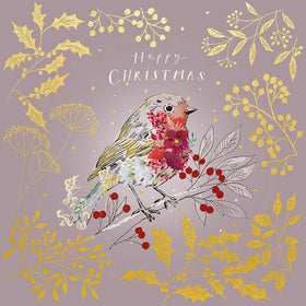 Christmas card 2025 ornate robin design with gold foil on the holly and foliage.  With a vibrant red berry detail.