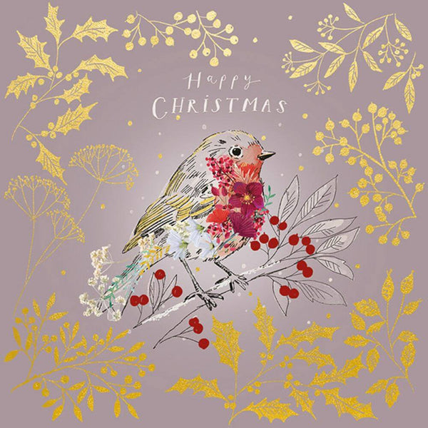 Christmas card 2025 ornate robin design with gold foil on the holly and foliage.  With a vibrant red berry detail.