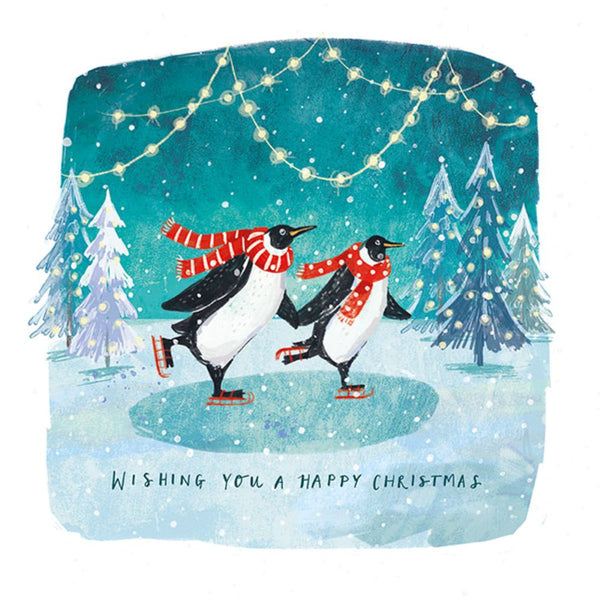 Two skating penguins with red scarfs Christmas card design for 2025