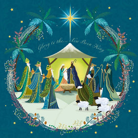 Christmas Card 2025 depicting Mary, Joseph and Jesus in a manger visited by three kings and shepherds.