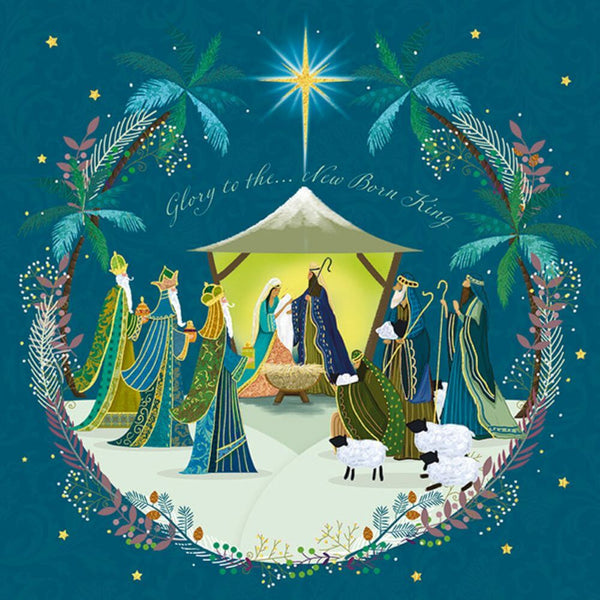 Christmas Card 2025 depicting Mary, Joseph and Jesus in a manger visited by three kings and shepherds.