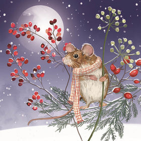 Illustration of a mouse in a checkered scarf on a branch with berries and snowflakes, against a moonlit sky.