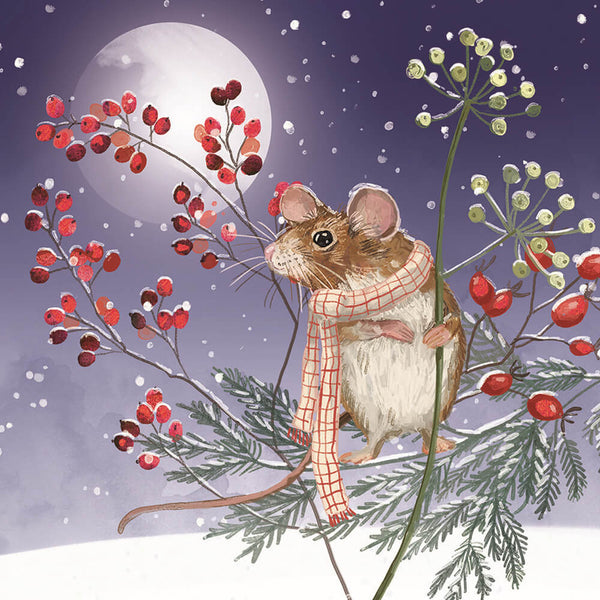 Illustration of a mouse in a checkered scarf on a branch with berries and snowflakes, against a moonlit sky.