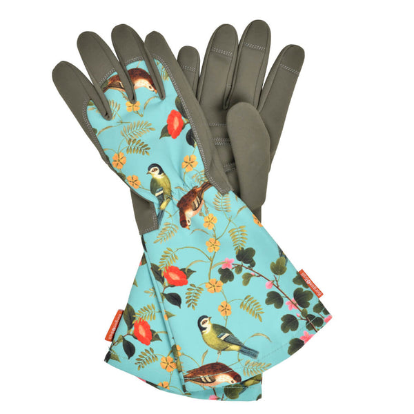Gardening gloves with bird and floral pattern on a white background