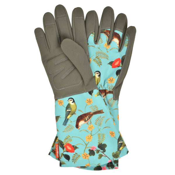 Gardening gloves with bird and floral pattern on a white background