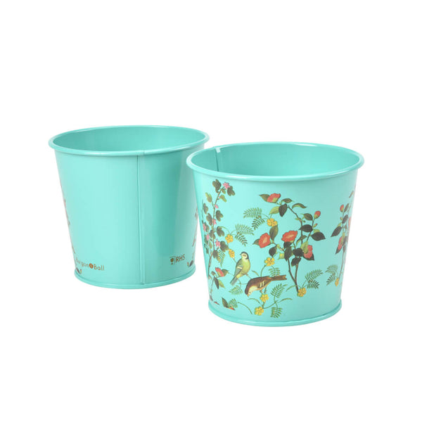 Two turquoise plant pots, showing the front and back design on a white background