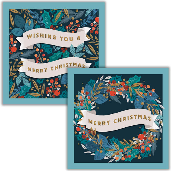 Twin pack Christmas cards featuring festive foliage, winter berries and decorative Christmas banner designs on rich seasonal backgrounds.