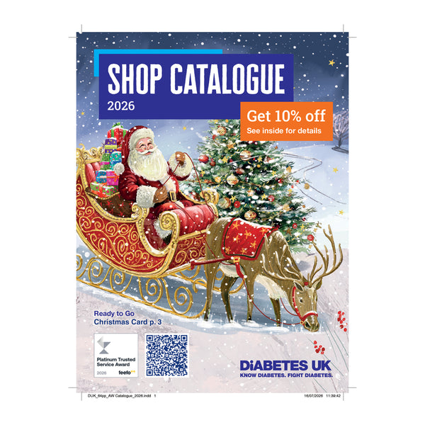 Shop catalogue cover featuring Santa in a sleigh with a reindeer Christmas tree. Blue, orange and red details. QR code at the bottom. On a white background.