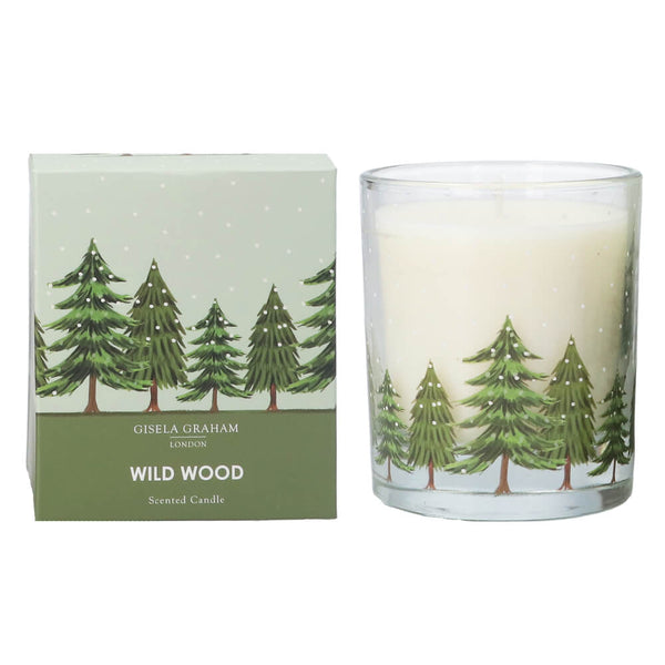 Scented candle with tree design and matching packaging on a white background