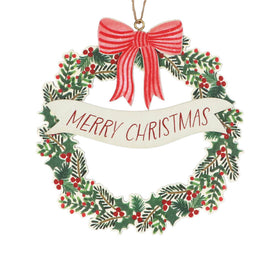 Christmas wreath ornament with red bow and 'Merry Christmas' banner on a white background